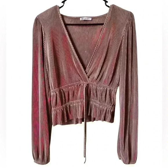 Zara Tops - Zara Woman's Cropped Pleated Long Sleeve Top Pink Mauve